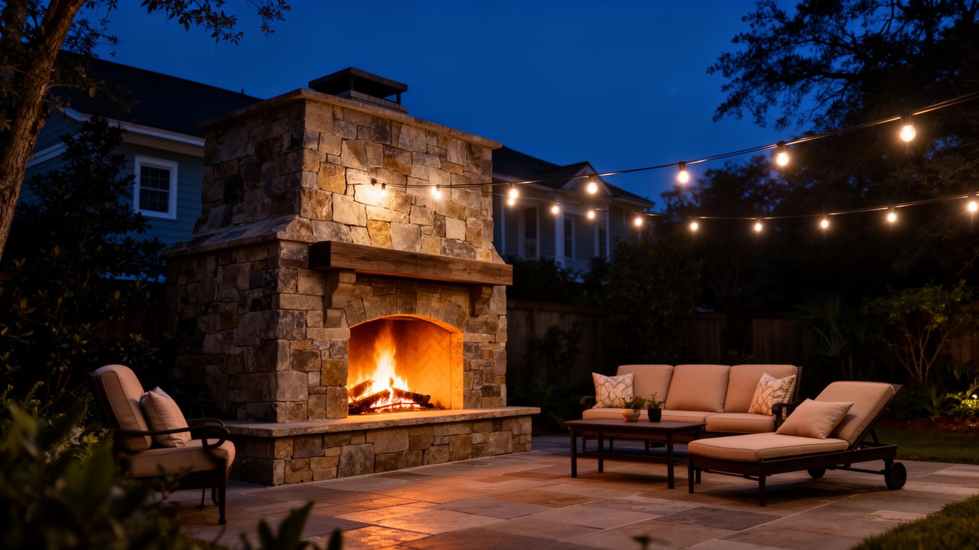 Custom outdoor stone fireplace glowing at dusk on a Charleston patio