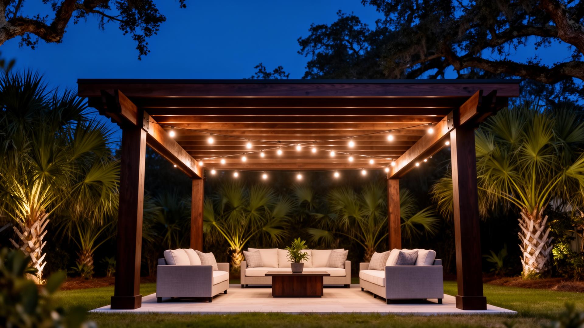 Custom outdoor pergola at dusk